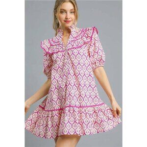 Umgee Ruffled Printed Puff Sleeve Mini Dress